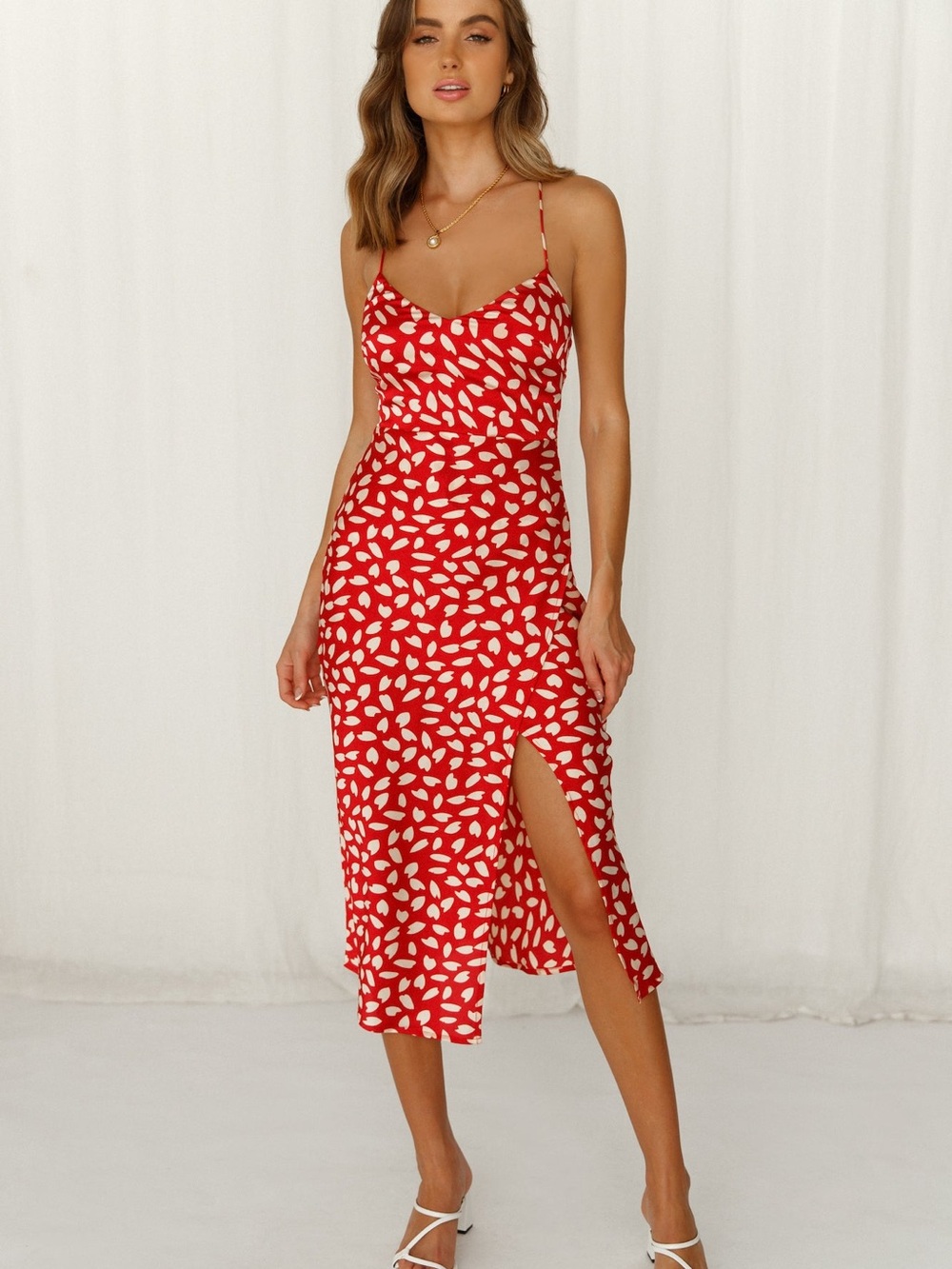 Hello Molly Red and White Printed Midi Slip Dress - Picture 2 of 12